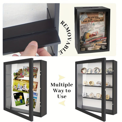 Shadow Box Frame 11x14 Large Memory Display Case with Linen Back – 4 Removable Shelves for Medals, Coins, Rings, Pins