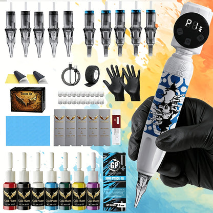 Tattoo Machine Kit GOLDPLUME TM-69 or TM-70 Wireless Rotary Pen with Power Supply, 10 Cartridges and 7 Inks