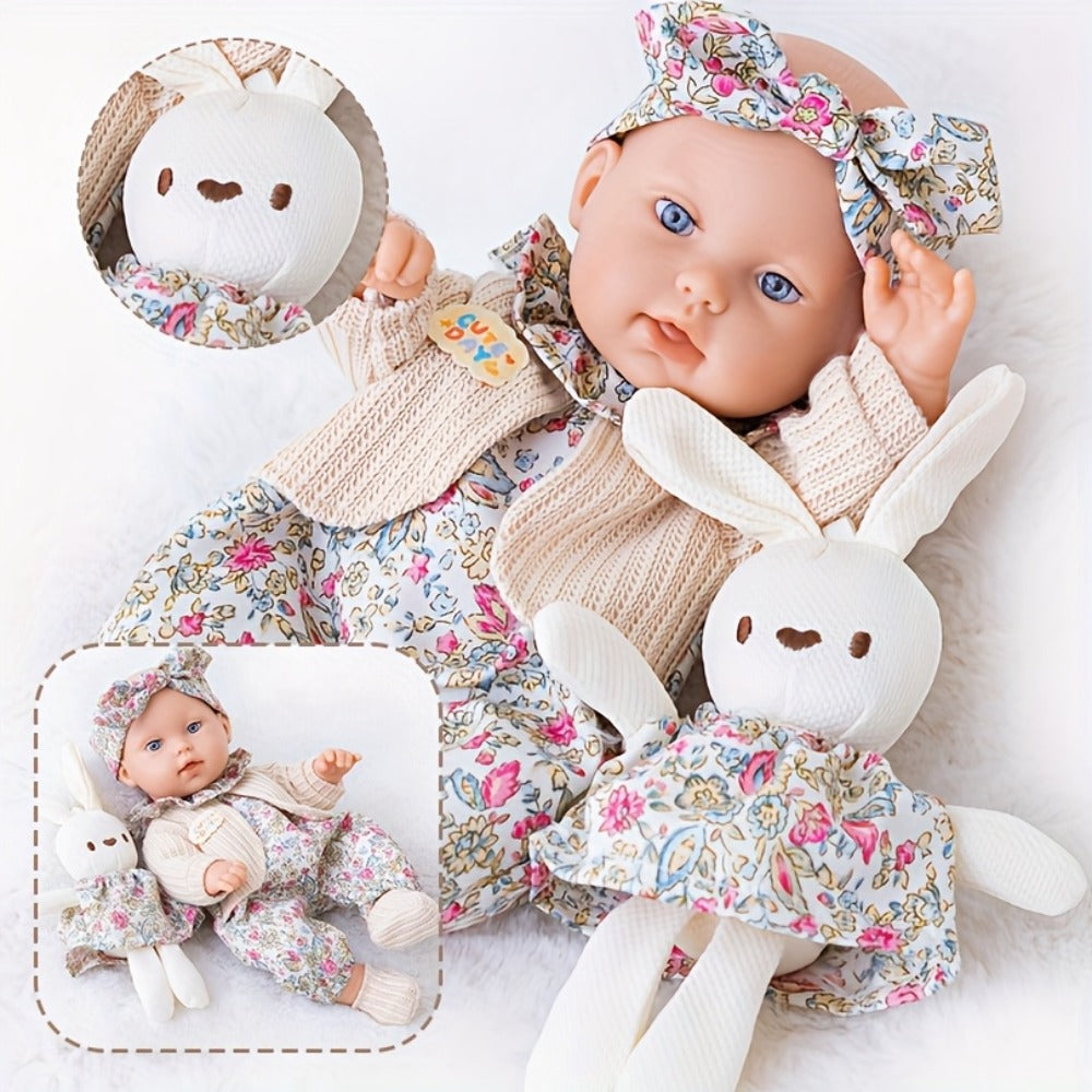 Floral Dress Baby Doll 12 Inch with Rabbit Plush Toy Gift Set, Realistic Vinyl Doll with Floral Outfit