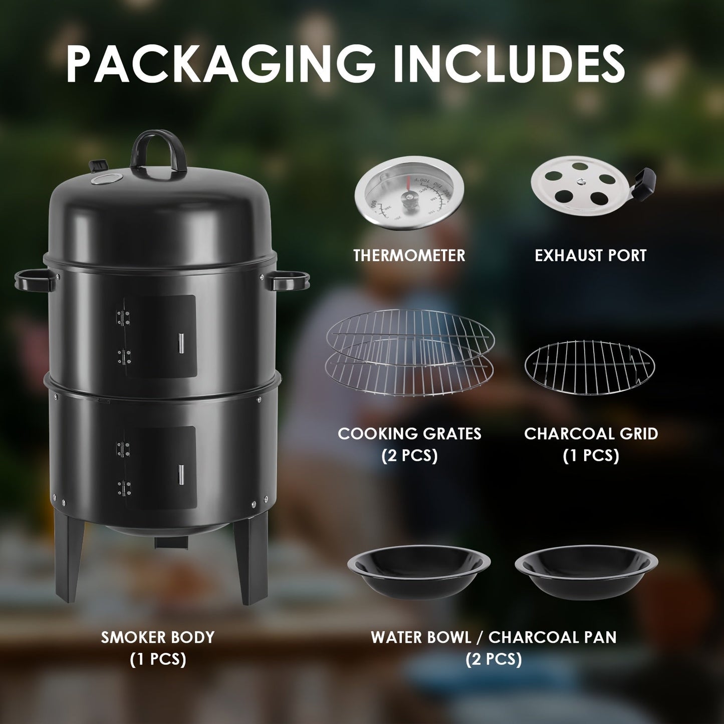 Charcoal Smoker Grill 16 Inch Vertical 3-Tier with Easy Temperature Control for Grilling, Camping and Outdoor Meals