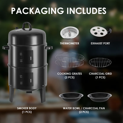 Charcoal Smoker Grill 16 Inch Vertical 3-Tier with Easy Temperature Control for Grilling, Camping and Outdoor Meals