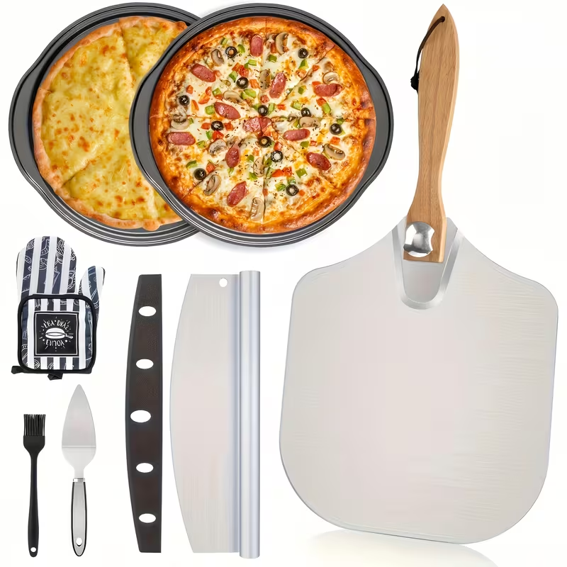 Pizza Stone Set 7-Piece with Tools – Cordierite Baking Stone with Stainless Steel Peel Cutter Brush & Heat-Resistant Gloves | Crispy Crust