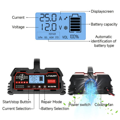 Smart Battery Charger 12V 25A 24V 12A 8-Stage Trickle Charger with Temperature Compensation for LiFePO4 Lead Acid Car Truck Motorcycle Boat