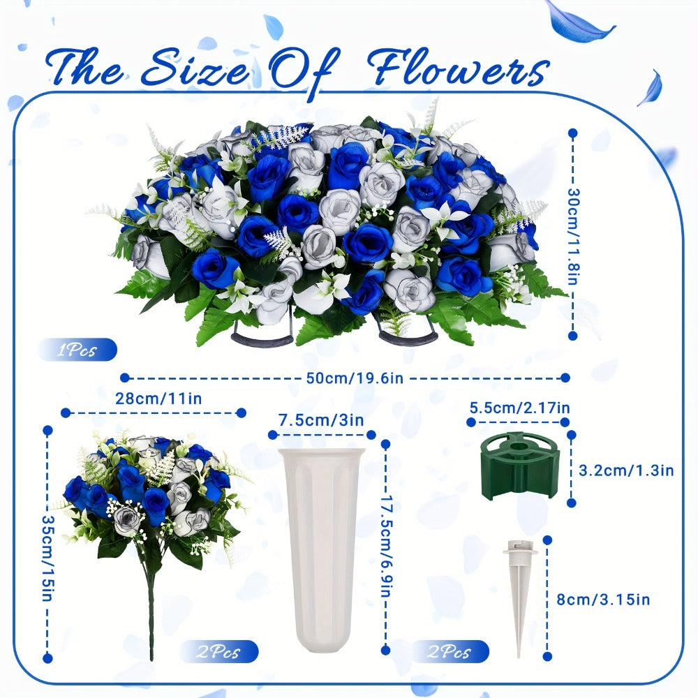 Artificial Cemetery Flowers for Grave with Saddle, Silk Rose Bouquet Headstone Decoration, Memorial Day Grave Flowers