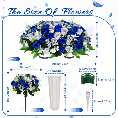 Artificial Cemetery Flowers for Grave with Saddle, Silk Rose Bouquet Headstone Decoration, Memorial Day Grave Flowers