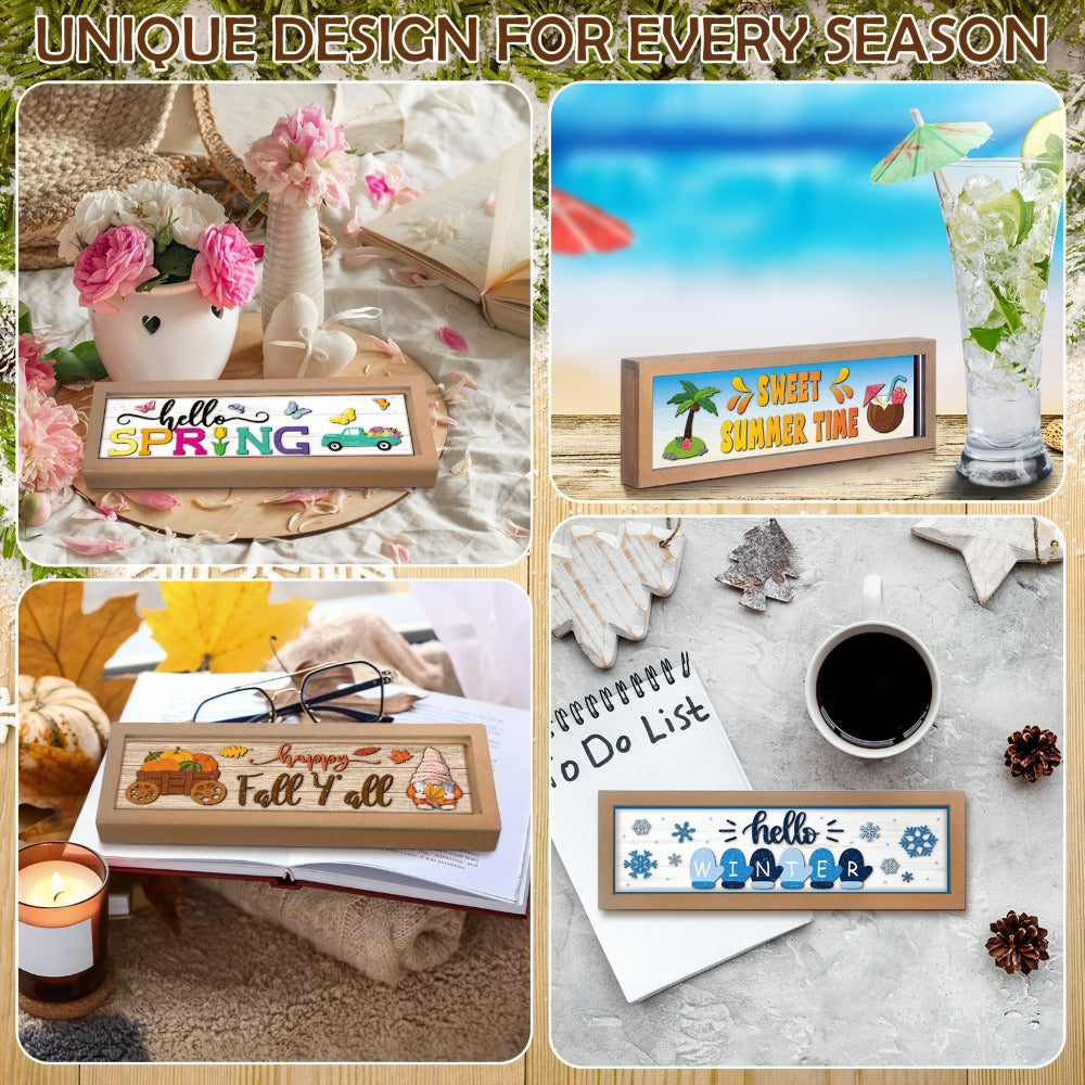 Interchangeable Seasonal Wood Welcome Sign 25-Piece Set – Wooden Frame Table Decor with Swappable Holiday Signs for Fall, Thanksgiving