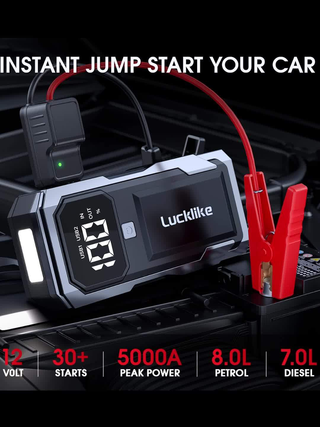 Battery Jump Starter 5000A 3000A Peak for Gas Diesel Engines QC3.0 18W Fast Charge USB-C Recharge for Garden, Patio and Yard Use