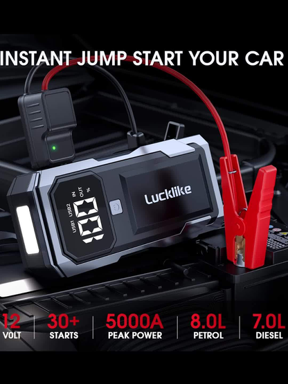 Battery Jump Starter 5000A 3000A Peak for Gas Diesel Engines QC3.0 18W Fast Charge USB-C Recharge for Garden, Patio and Yard Use
