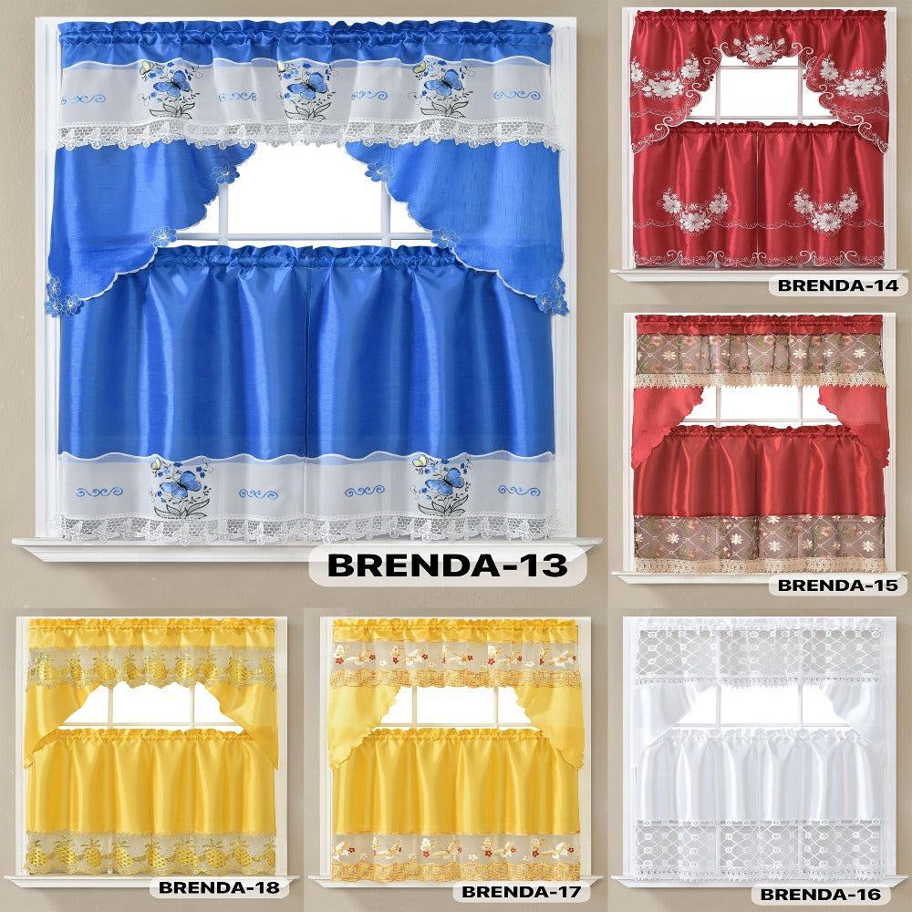 Kitchen Curtains 3 Piece Set Embroidered Satin Valance and Tiers – Rod Pocket Light Filtering Machine Washable 46 Colors
