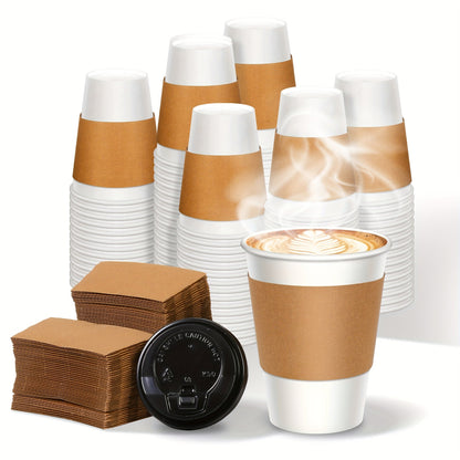 Disposable Paper Coffee Cups with Lids and Sleeves 12oz, Leak-Proof To-Go Hot Coffee Cups with Insulated Sleeve for Home