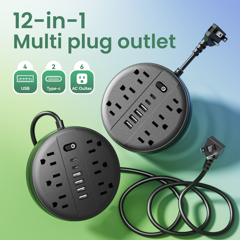 Surge Protector Power Strip 12-in-1 with 6 AC Outlets, 4 USB-A, 2 USB-C and Short, 5 or 10 ft Cord Options