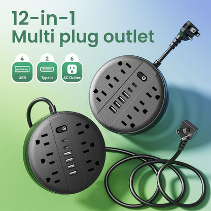 Surge Protector Power Strip 12-in-1 with 6 AC Outlets, 4 USB-A, 2 USB-C and Short, 5 or 10 ft Cord Options