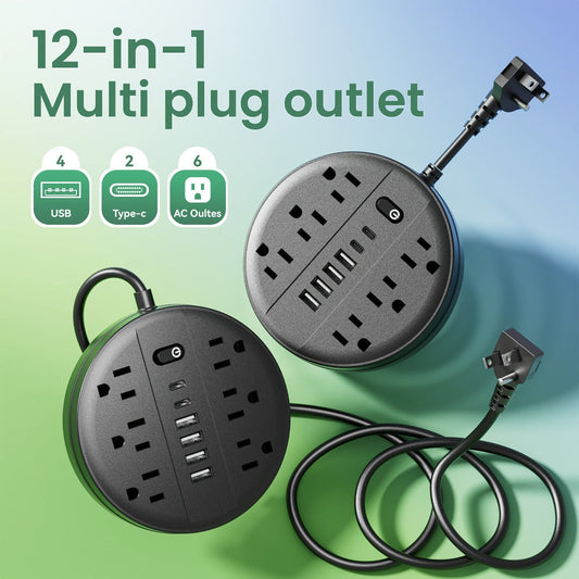 Surge Protector Power Strip 12-in-1 with 6 AC Outlets, 4 USB-A, 2 USB-C and Short, 5 or 10 ft Cord Options