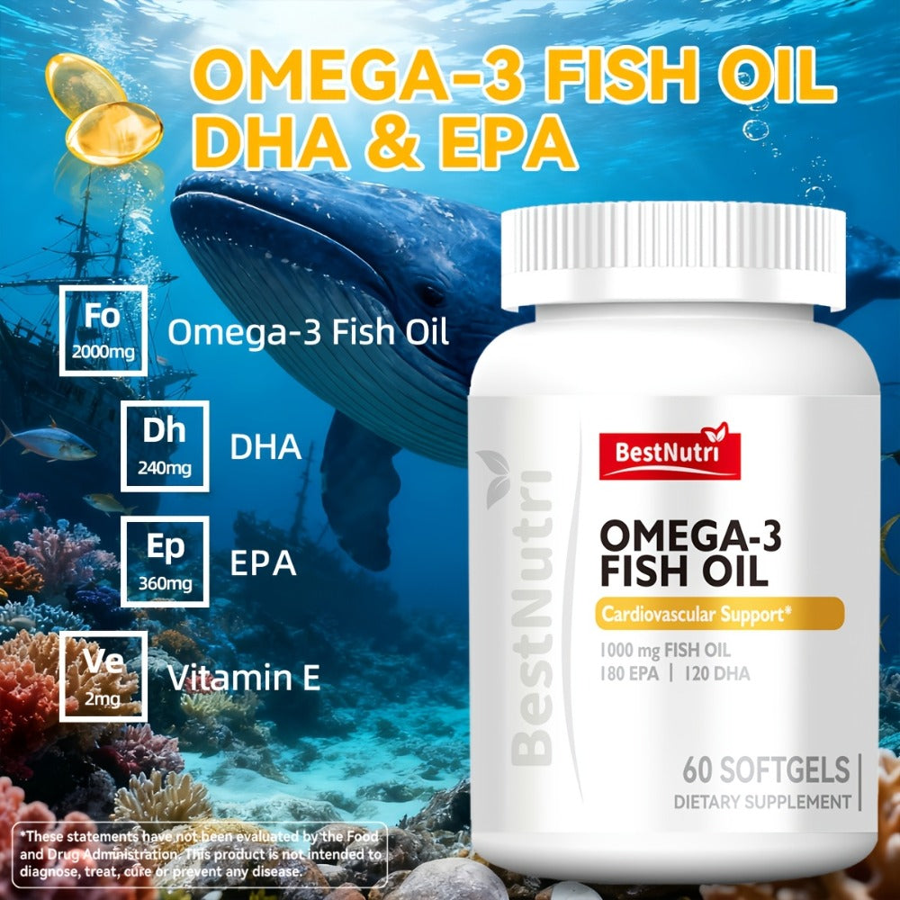 Omega-3 Fish Oil 2000mg Softgels with EPA & DHA, Cold-Extracted CGMP, Brain Vitality Heart Health Anti-Inflammatory Support