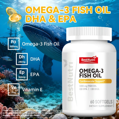 Omega-3 Fish Oil 2000mg Softgels with EPA & DHA, Cold-Extracted CGMP, Brain Vitality Heart Health Anti-Inflammatory Support
