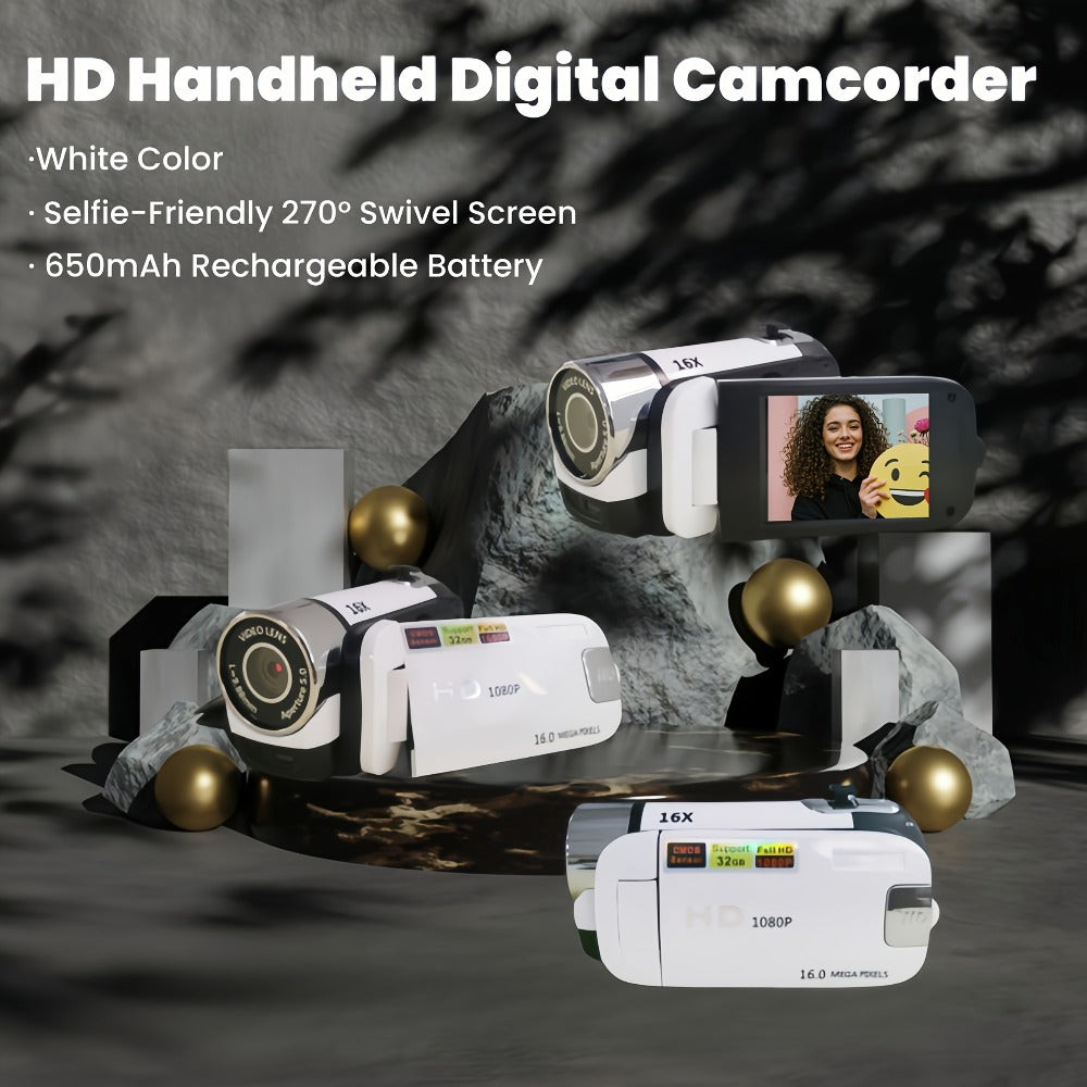 Portable 1080P Digital Camcorder with Rotating Screen & 32G Memory Card, Rechargeable Battery, Selfie Support