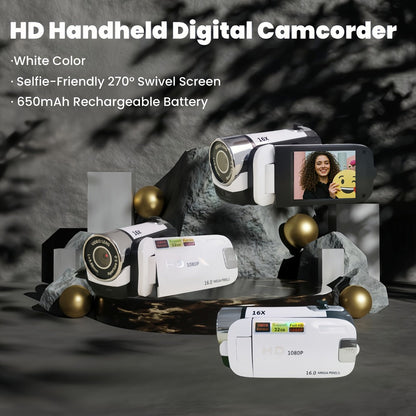 Portable 1080P Digital Camcorder with Rotating Screen & 32G Memory Card, Rechargeable Battery, Selfie Support