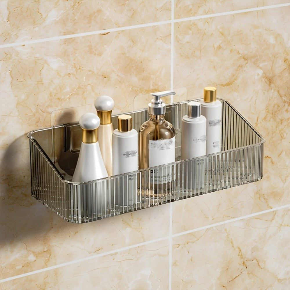 Wall-Mounted Plastic Bathroom Storage Shelf with Adhesive Plates, 24.5cm Rack in Gray, Amber or Green