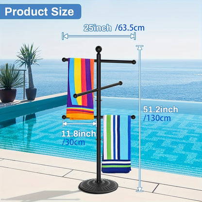 Pool Towel Rack Freestanding Outdoor – 3-Bar Iron Towel Stand with Hooks, Windproof Wide Base, No Sand Needed