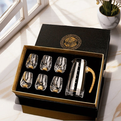 24K Gold Plated Crystal Wine Set – 1 Decanter & 6 Cups with Leakproof Crystal Glasses – Elegant Black Gift Box – Luxury Home Bar