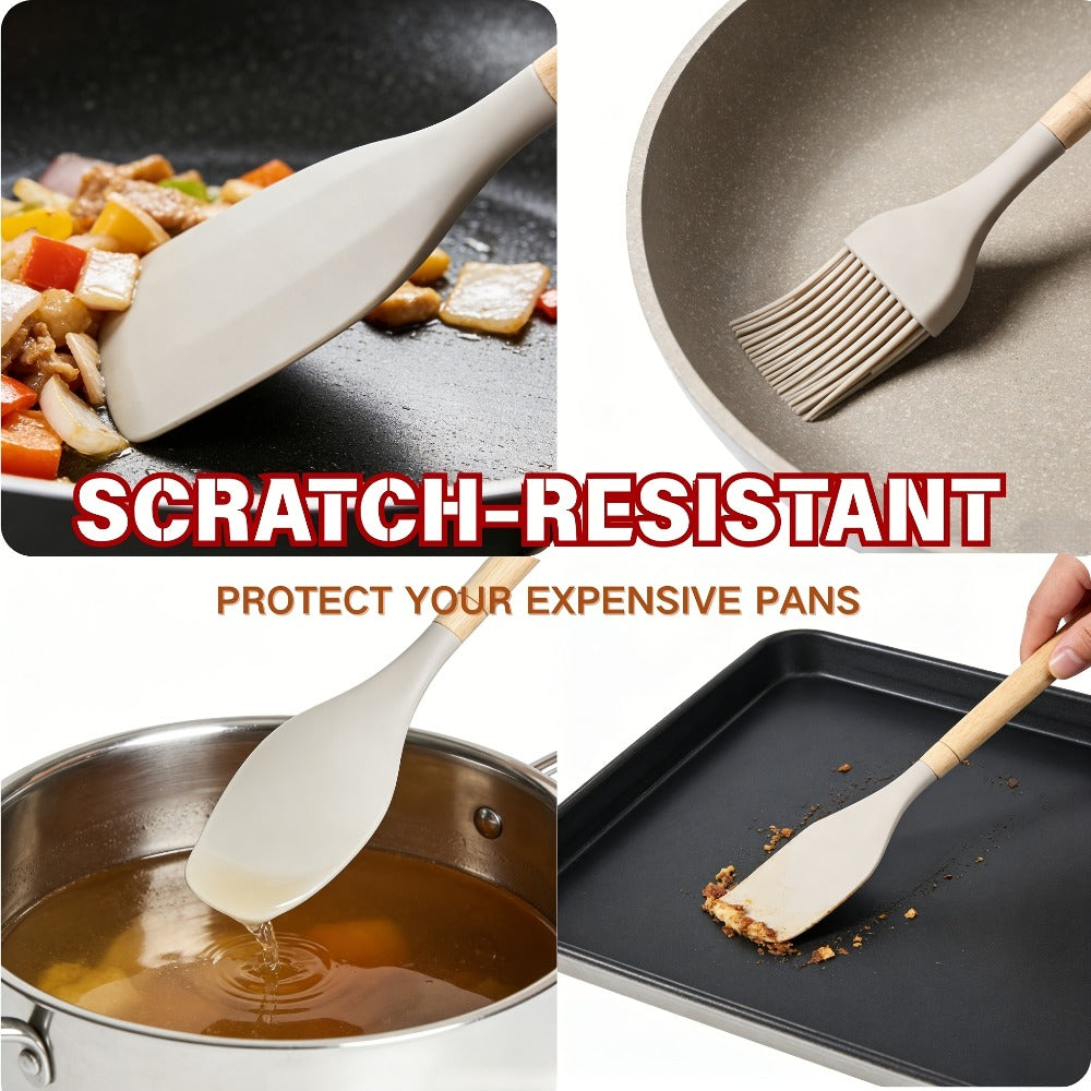 Silicone Kitchen Utensil Set 12PCS with Wooden Handle – Heat Resistant Non-Stick Safe for Home Cooking, Dining and Outdoor Meals