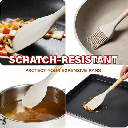 Silicone Kitchen Utensil Set 12PCS with Wooden Handle – Heat Resistant Non-Stick Safe for Home Cooking, Dining and Outdoor Meals