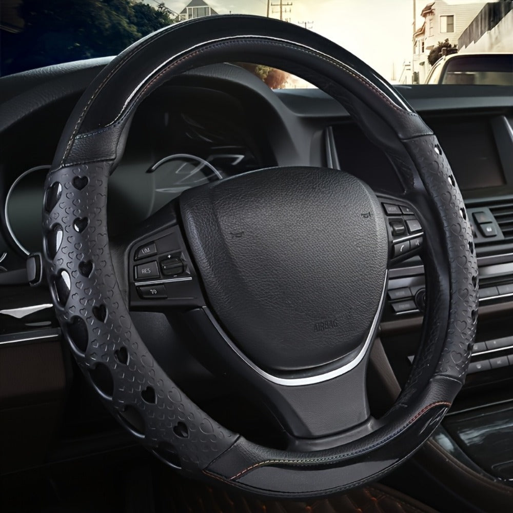 Steering Wheel Cover Faux Leather Heart Pattern – Non-Slip Wear-Resistant Anti-Aging All-Season Car Interior Accessory, Sports Style