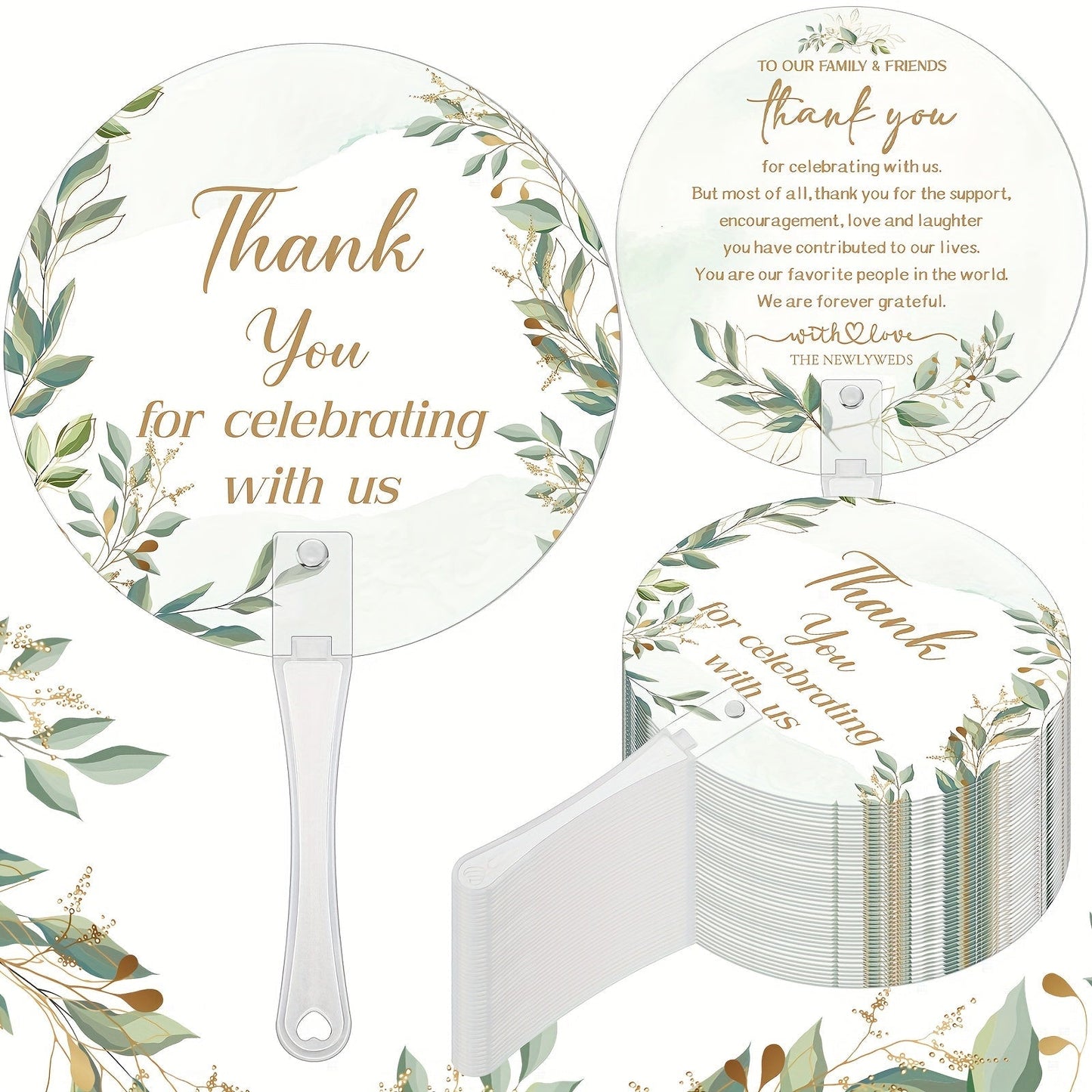 Wedding Hand Fans 100pcs Bulk Plastic Handheld Fans with Handle Greenery Leaf Design Cooling Fans for Ceremony Bridal Shower Party Guests
