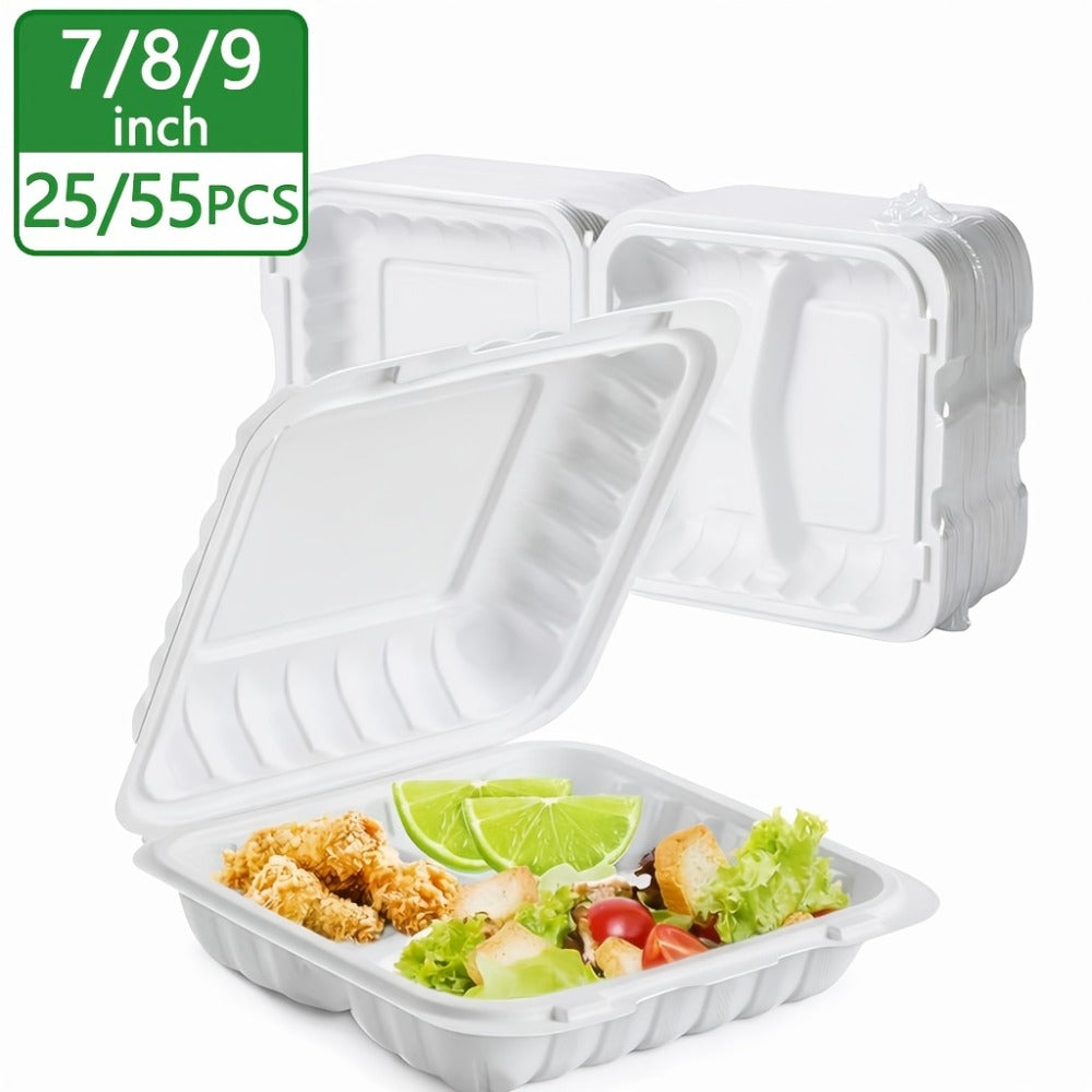 Disposable Food Containers Take Out Boxes with Lids - 7" 8" 9" Plastic Clamshell Meal Prep Containers 1 & 3 Compartment Reusable White