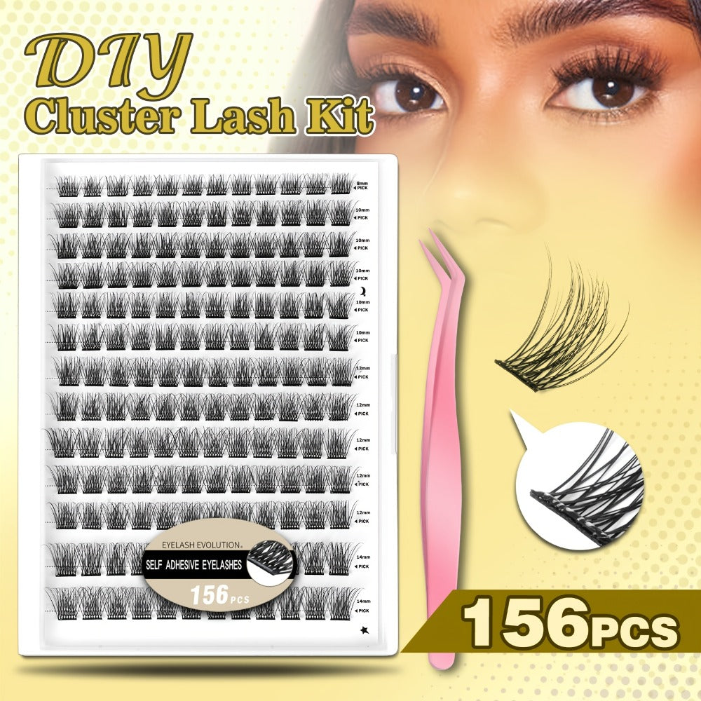 156-Piece Self-Adhesive Lash Cluster Tray with Yellow and Pink Tweezers in NATURAL Style and 14.5cm Case