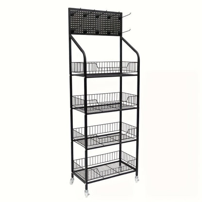 4-Tier Metal Display Rack with Wheels – Rolling Floor Shelf for Kitchen, Store & Home Storage Organization