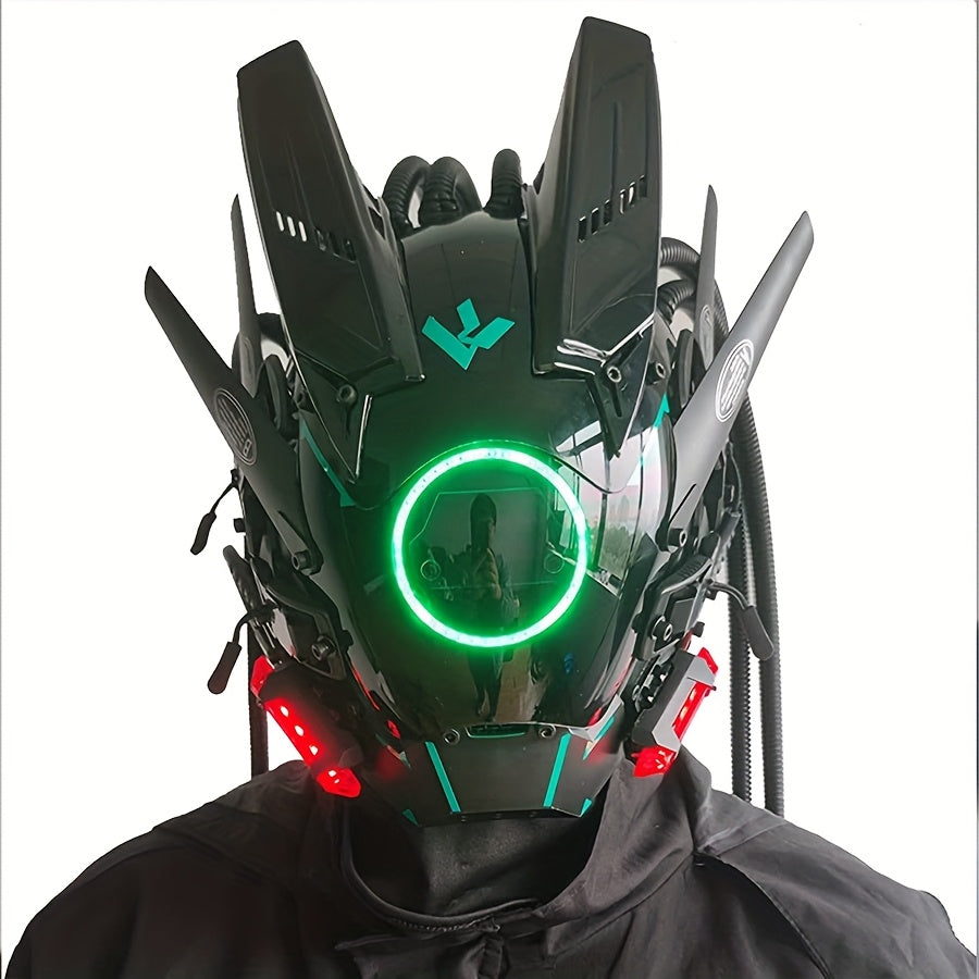 LED Cyberpunk Samurai Mask with Braids, Futuristic Sci-Fi Mechanical Face Mask for Halloween, Cosplay