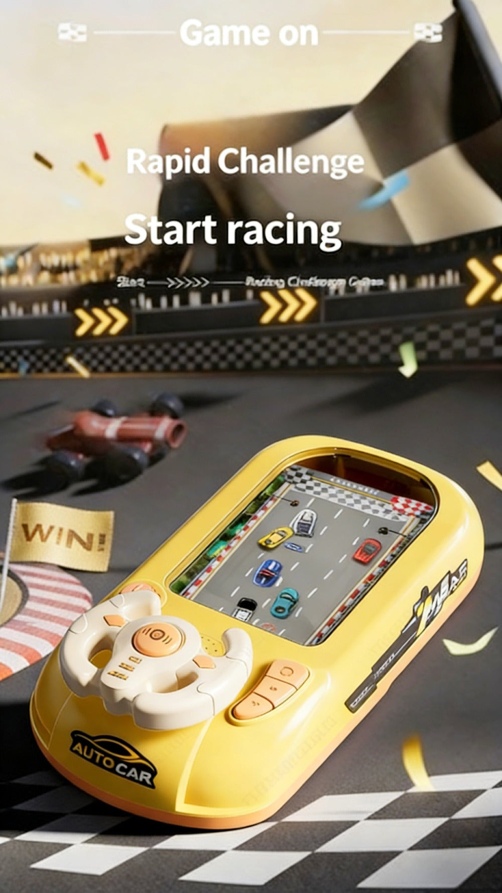 Electronic Racing Steering Wheel Game Toy with 200 Pictured Levels, Two Speeds and Yellow or Green Options