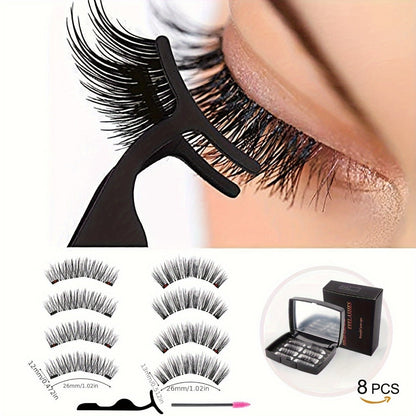 Eight-Piece Double-Strip Magnetic False Eyelash Set with Black Case, Applicator and Tweezers