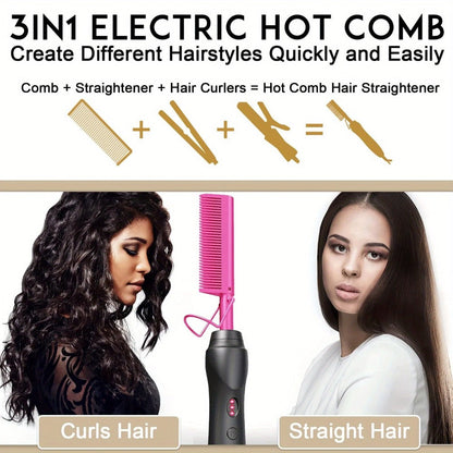 Electric Hot Comb Hair Styling Tool with Ceramic Heater, Holder, Two Clips and Five Color Options