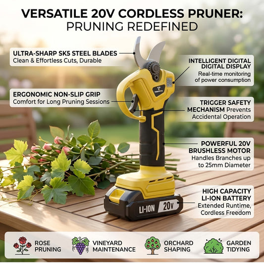 20V-Labeled Cordless Pruning Shears with Display, Yellow or Green Body and One- or Two-Battery Kits