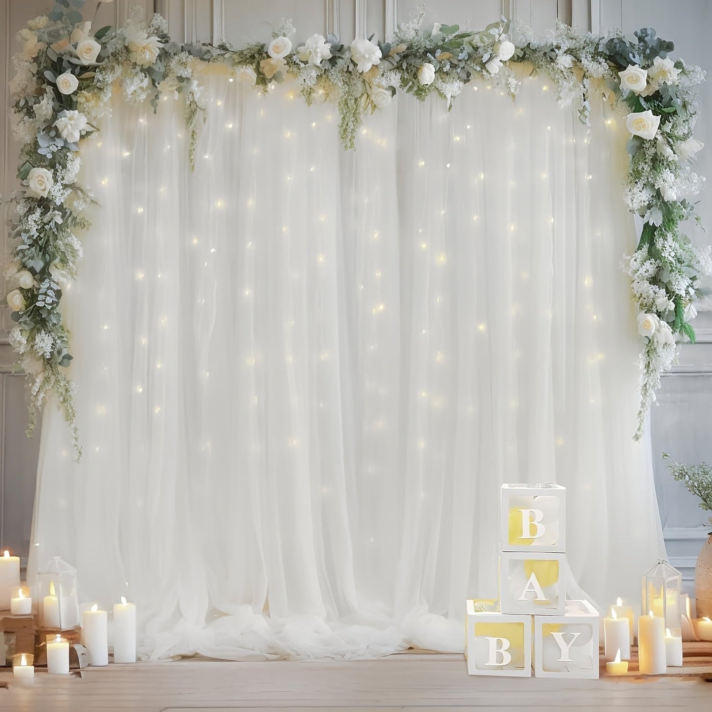 White Sheer Photography Backdrop Set with Two 5.2 x 10 ft Panels, USB String Lights and 10 Clips