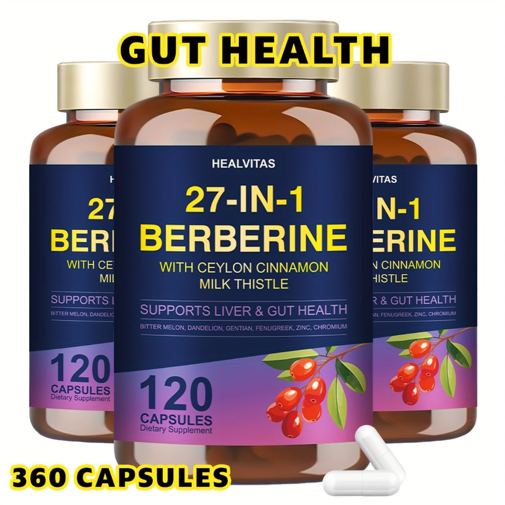 Herbal Supplements with HEALVITAS Label, 27-in-1 Berberine Formula Capsules, 120 or 360 Count