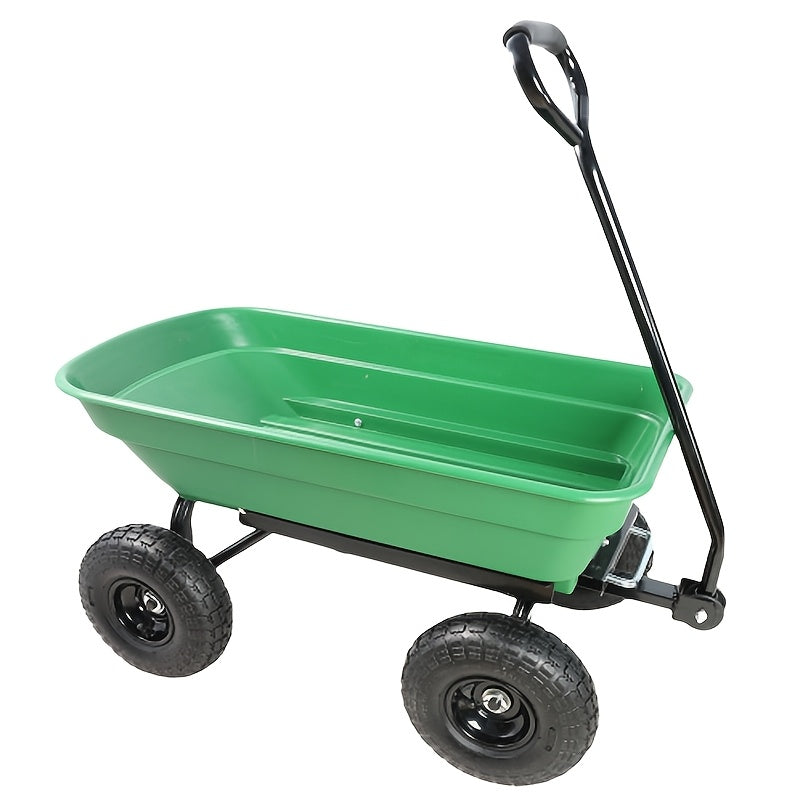 Garden Dump Cart 4-Wheel Steel Frame Poly Bed Quick-Release Dump Feature Foldable D-Handle Yard Wagon for Landscaping Lawn