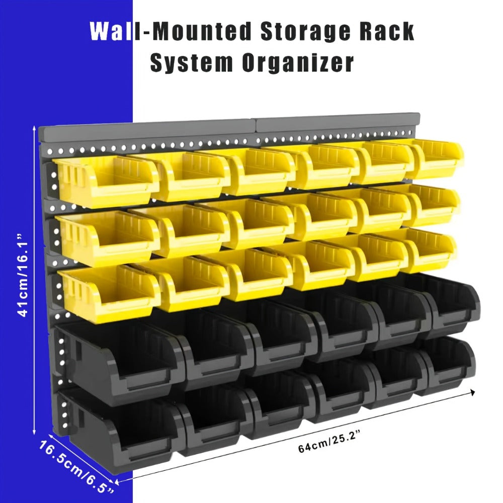 Wall Mounted Storage Bin Rack System, Small Parts Organizer for Screws, Nuts, Bolts & Nails, Stackable Garage Workshop Tool Storage Rack