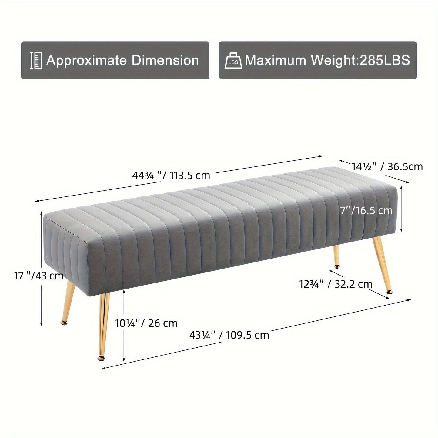 Accent Bench shown in the Gray, 15"D x 44.75"W x 17.25"H option