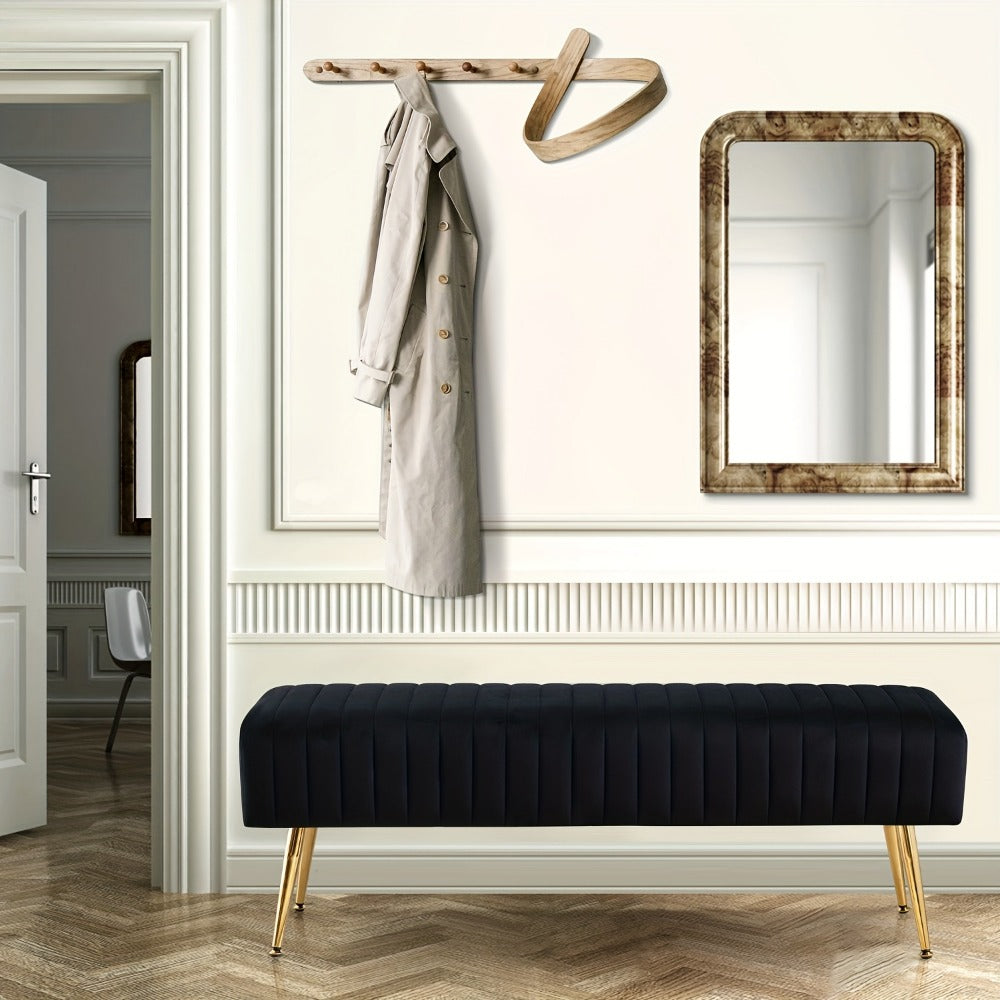 Accent Bench, Luxury Velvet 44 Inch Gold-Plated Legs Upholstered Shoe Changing Bench shown in the main product view