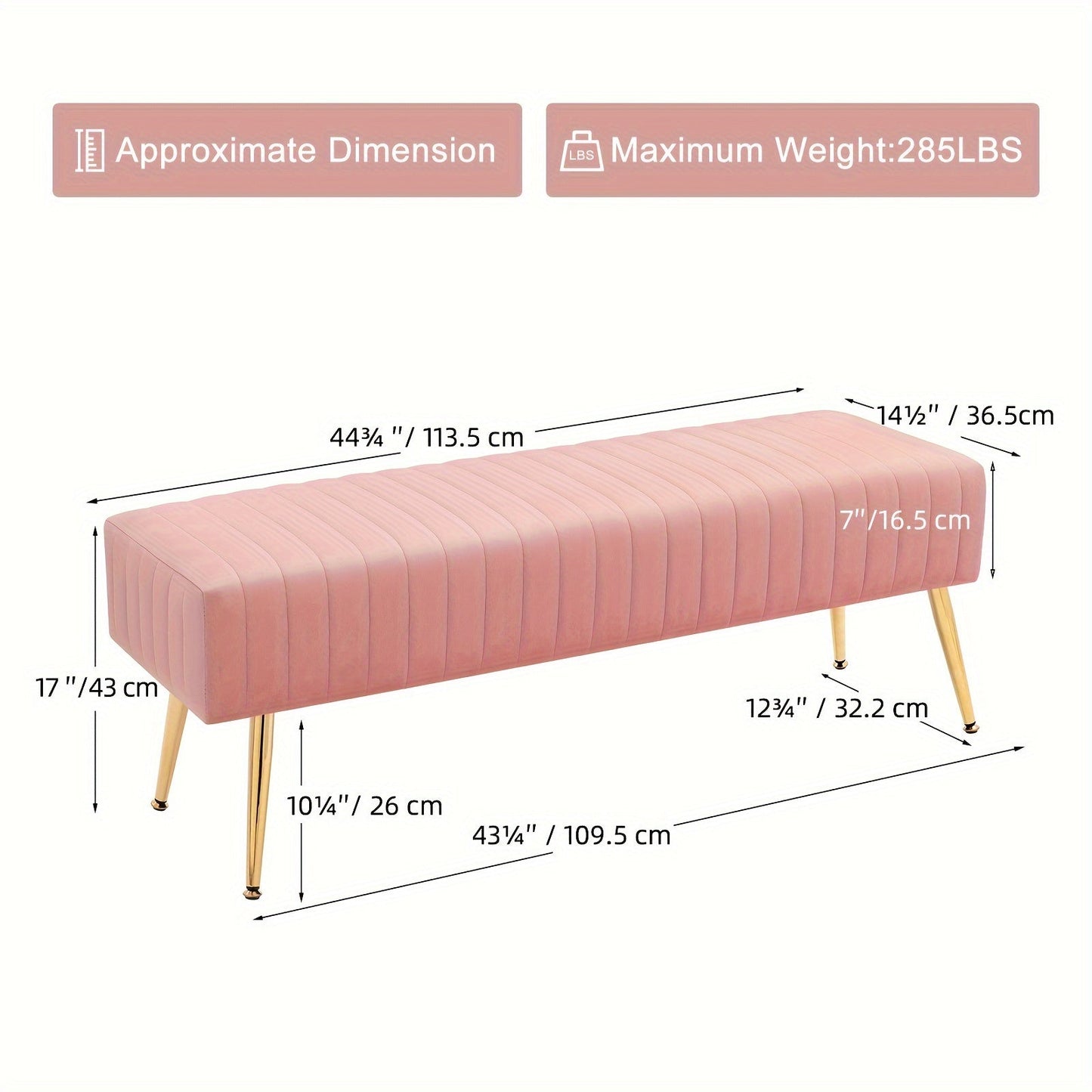 Accent Bench shown in the pink, 15"D x 44.75"W x 17.25"H option