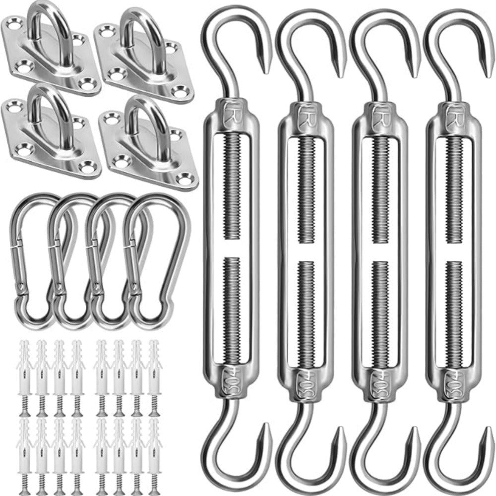 Shade Sail Hardware Kit, 44 Piece 304 Stainless Steel Turnbuckles Snap Hooks Pad Eyes shown in the main product view