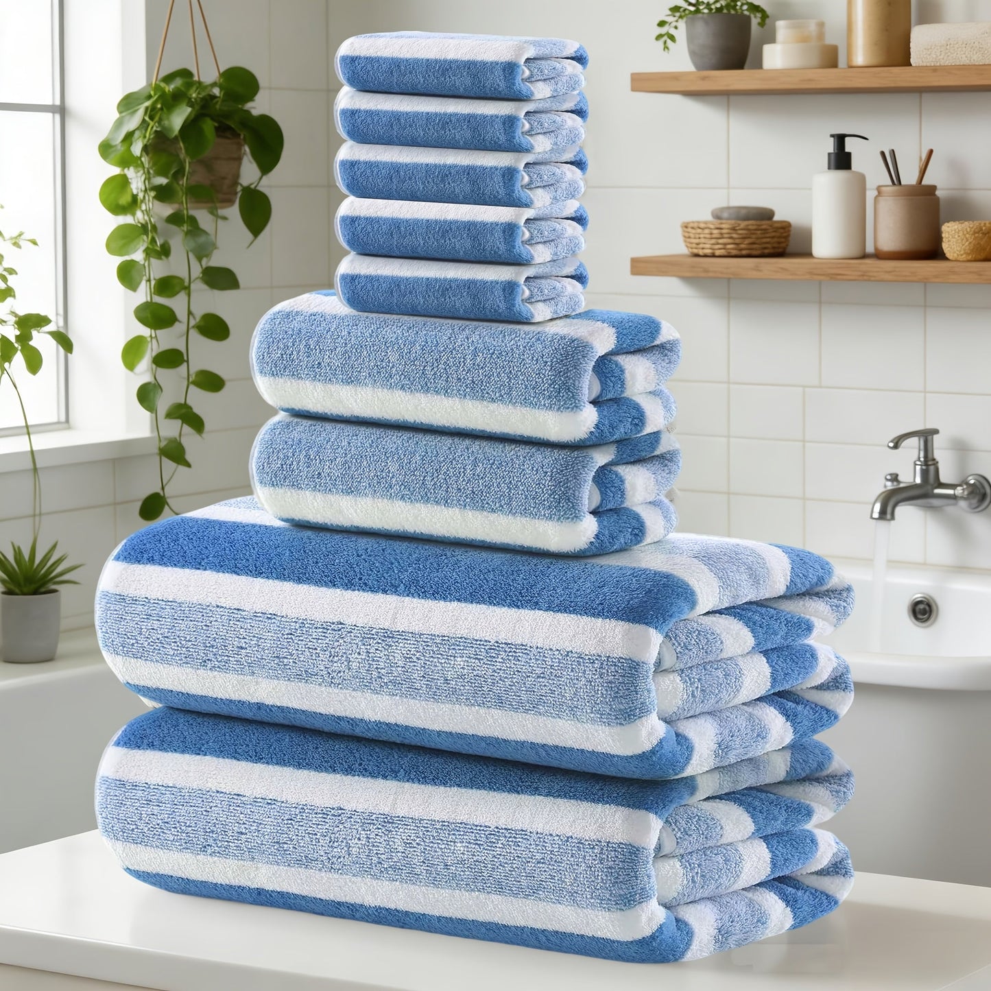 Towel Set 9 or 15 Piece 320GSM Coral Fleece Striped Mix in Five Solid or Mixed Colors for Home and Guest Use