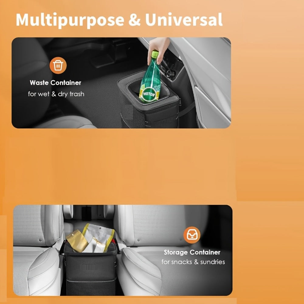 Structured Car Trash Bin with Lid, Silver-Tone Lining, Magnetic Buckles and Three Mesh Pockets