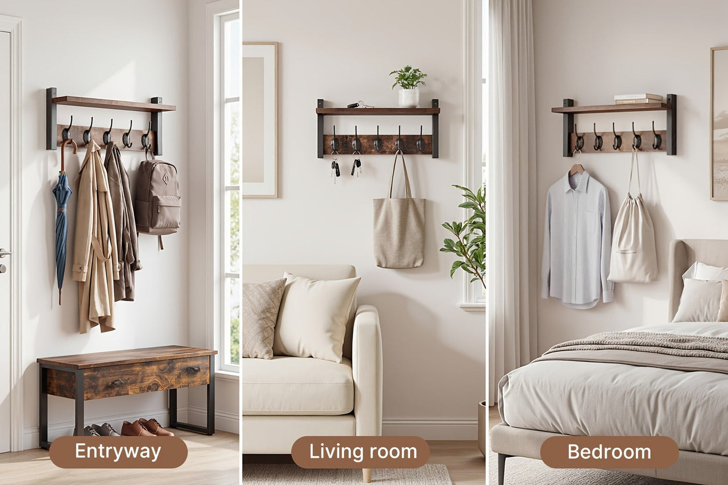 Vintage Wall-Mounted Shelf and Key Rack with Five Hooks, 17.1-Inch Width and Brown Board Finish