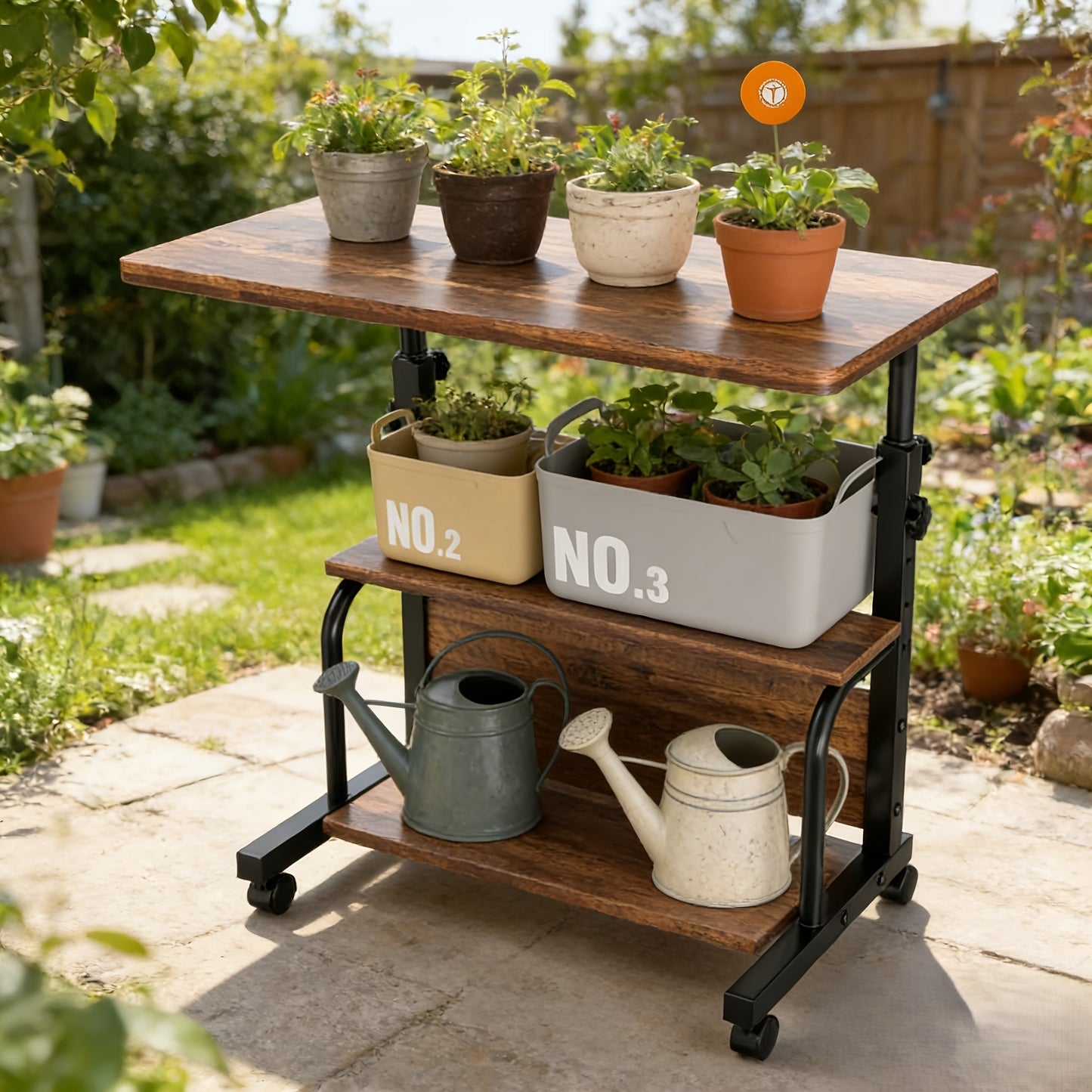 Garden Work Table 31.5" Adjustable Height Mobile Desk with Storage Shelves, Metal Frame, for Patio Outdoor Bedroom Office Potted Plant