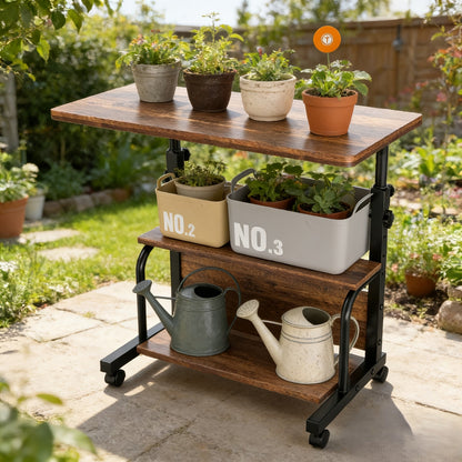 Garden Work Table 31.5" Adjustable Height Mobile Desk with Storage Shelves, Metal Frame, for Patio Outdoor Bedroom Office Potted Plant