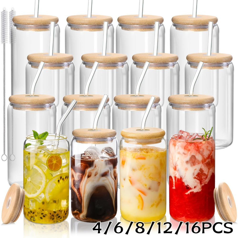 Glass Coffee Cup Drinkware Set, 16oz Clear Cups with Bamboo Lids, Glass Straws and Brushes in 4 to 16 Pieces